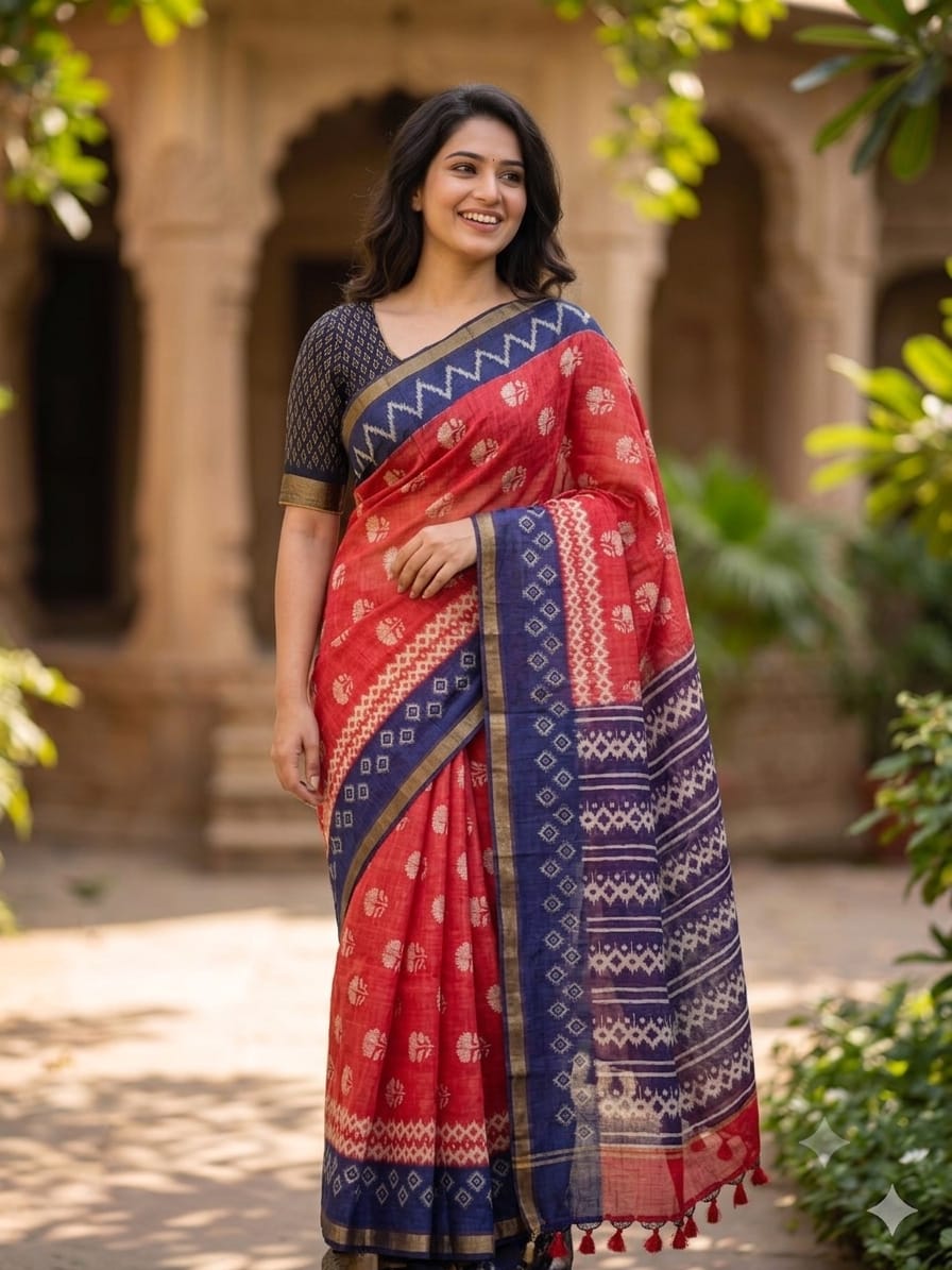 Floral Digital Print Linen with Tassel Blouse Cotton Saree